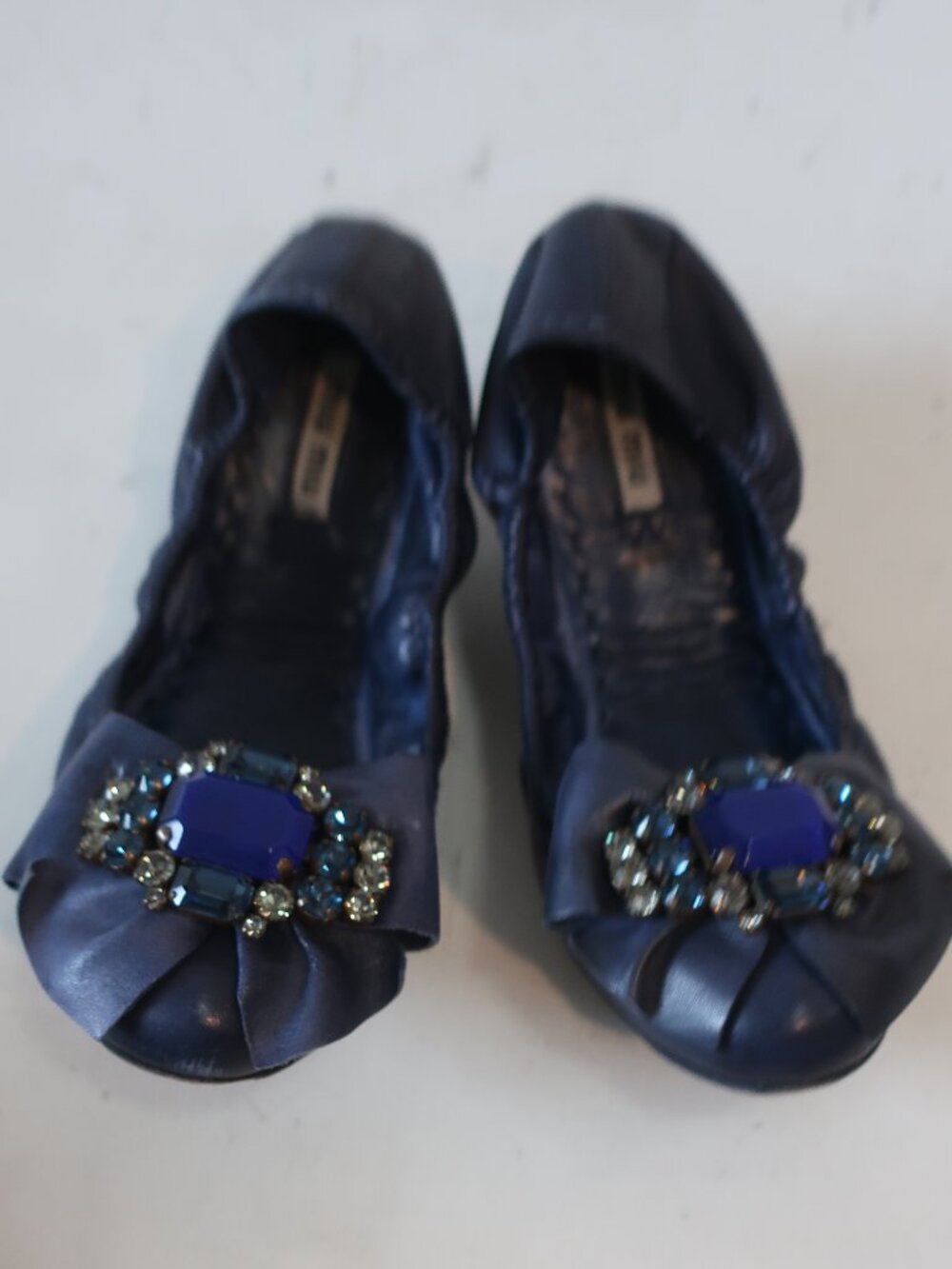 Womens Miu Miu Blue Jeweled Crystal Bow Scrunchy Ballet Flats 6